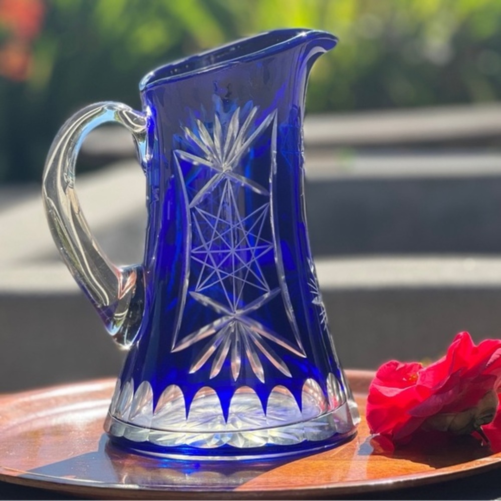 VINTAGE Czech Republic cobalt blue bohemian lead crystal cut to clear pitcher